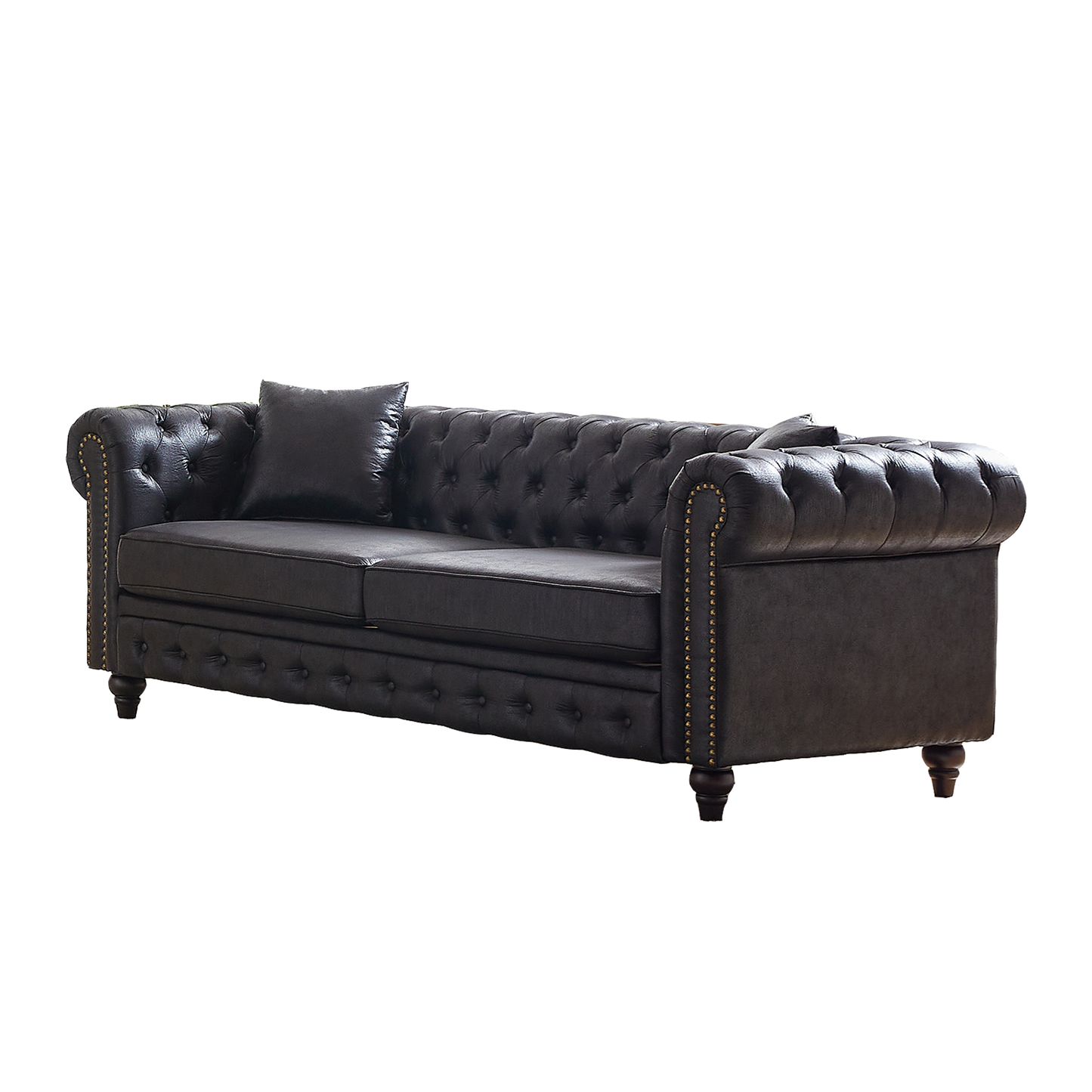 FX 85.5"Living Room with Tech Fabric Chesterfield Sofa with Rolled Arms 3 Seater Sofa with Button Design and 2 Cushions for Apartment, Office, Living Room