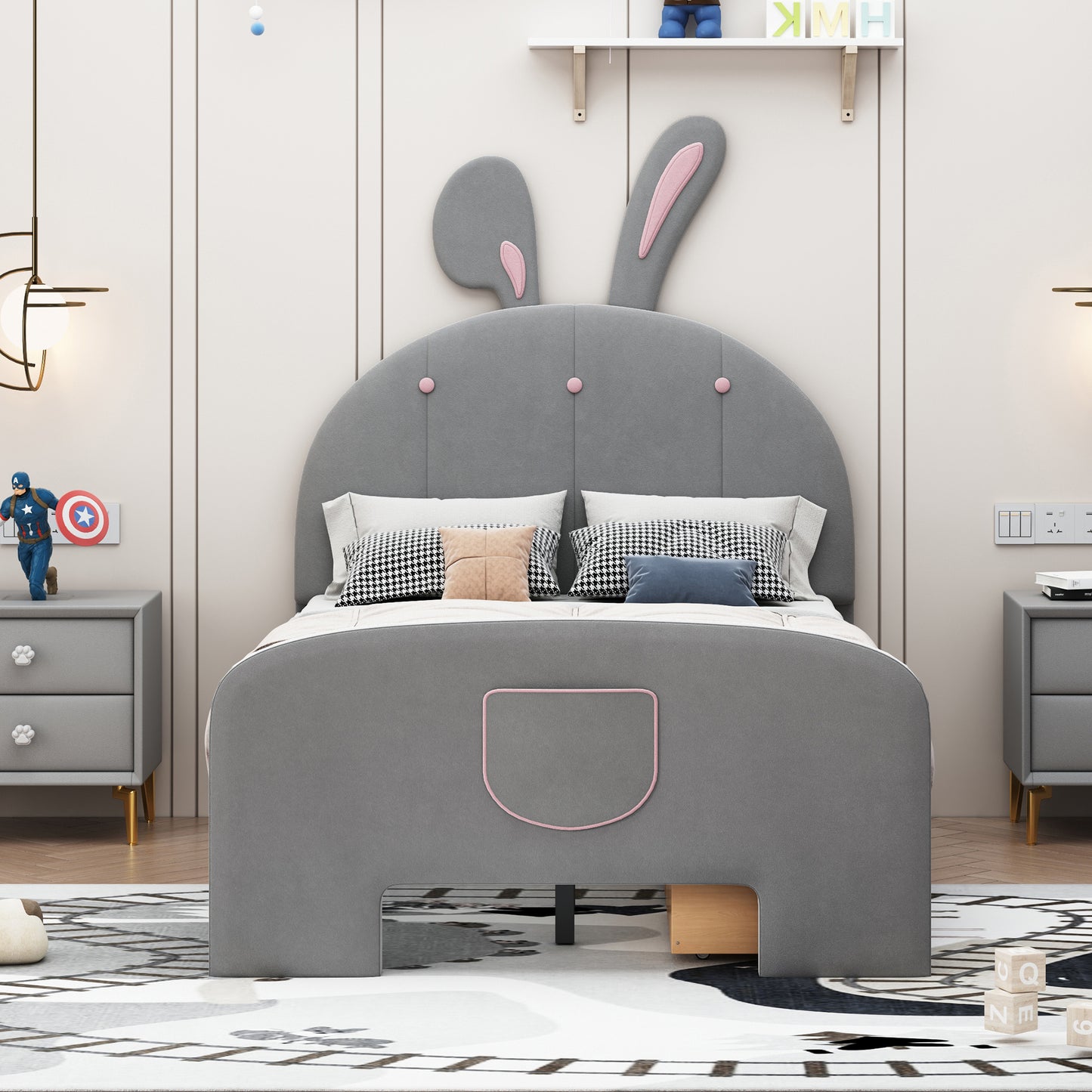 Twin Size Velvet Platform Bed with Rabbit-Shaped Headboard, with Drawers, with Bed-End Storage Pocket, Gray