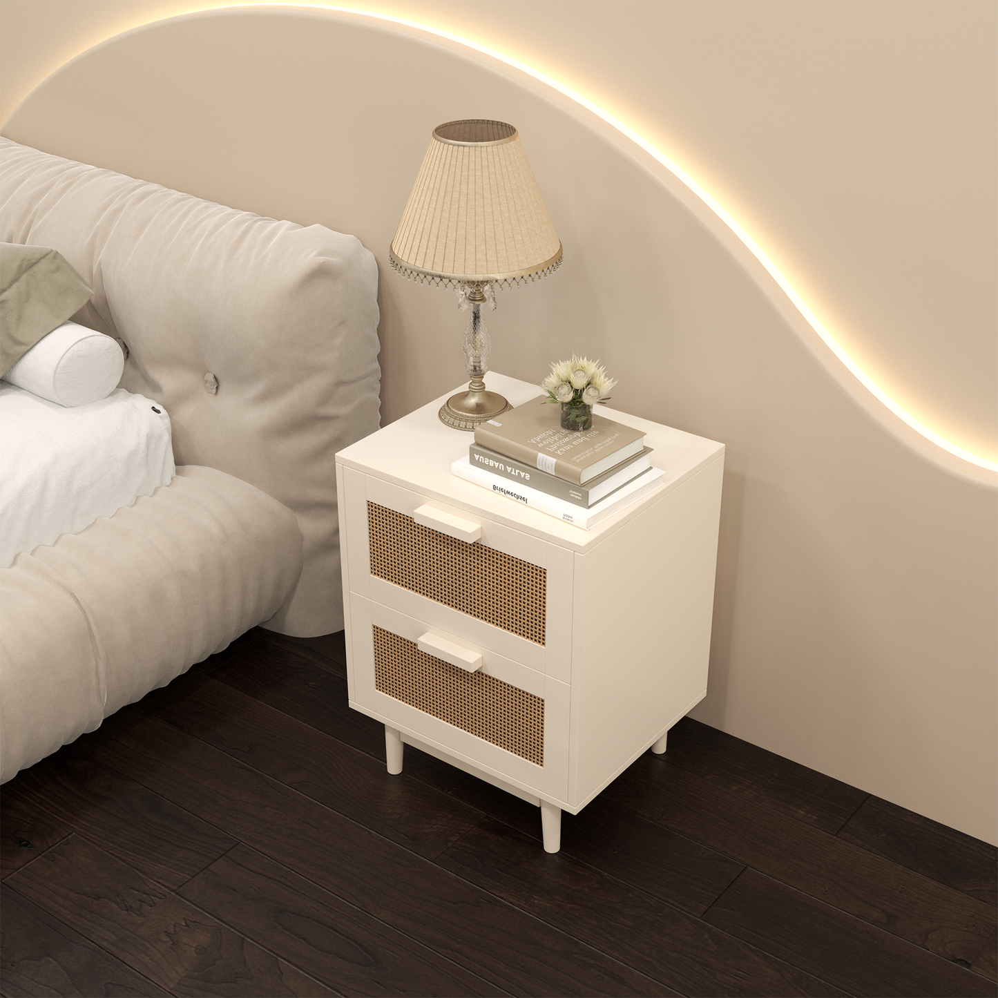 Rattan Nightstand, Wood End Table, Side Table with 2 Faux Rattan-Decorated Drawers, Bedside Table,Wood Accent Table with Storage for Livingroom, Bedroom,Burly wood