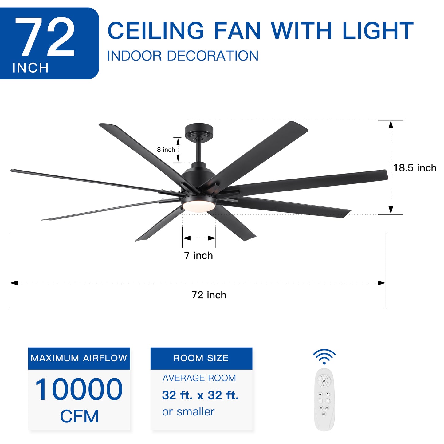 72'' Indoor Smart Black Ceiling Fan with LED light and App Remote Control