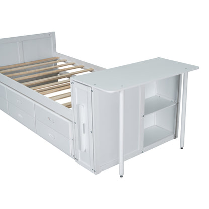 Twin Size Multifunctional Wood Platform Bed with Desk and Storage Shelf at the End of the Bed, Built-in Trundle and 3 Drawers, White