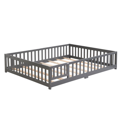 Queen Size Floor Bed with Door,Solid Wood Platform Bed Frame with Fence,Suitable for children,Pine Wood,Gray