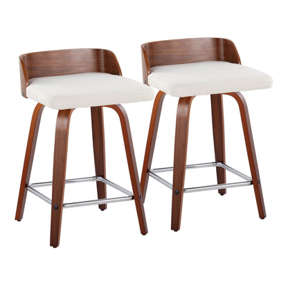 Maya 24" Mid-Century Modern Fixed-Height Counter Stool with Swivel in Walnut Wood and Cream Fabric with Square Chrome Metal Footrest by LumiSource - Set of 2