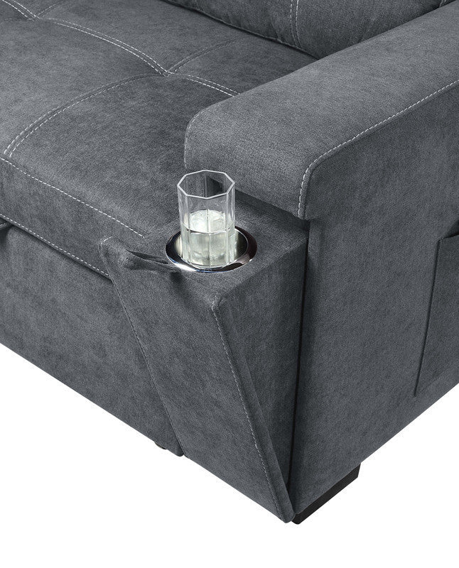 Toby 95" Gray Woven Fabric Reversible Sleeper Sectional Sofa with Storage Chaise Cup Holder Charging Ports and Pockets