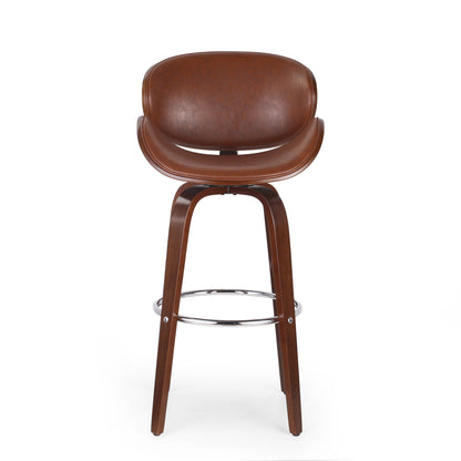 30" Mid-Century Modern Upholstered Swivel Barstool, Walnut + Cognac