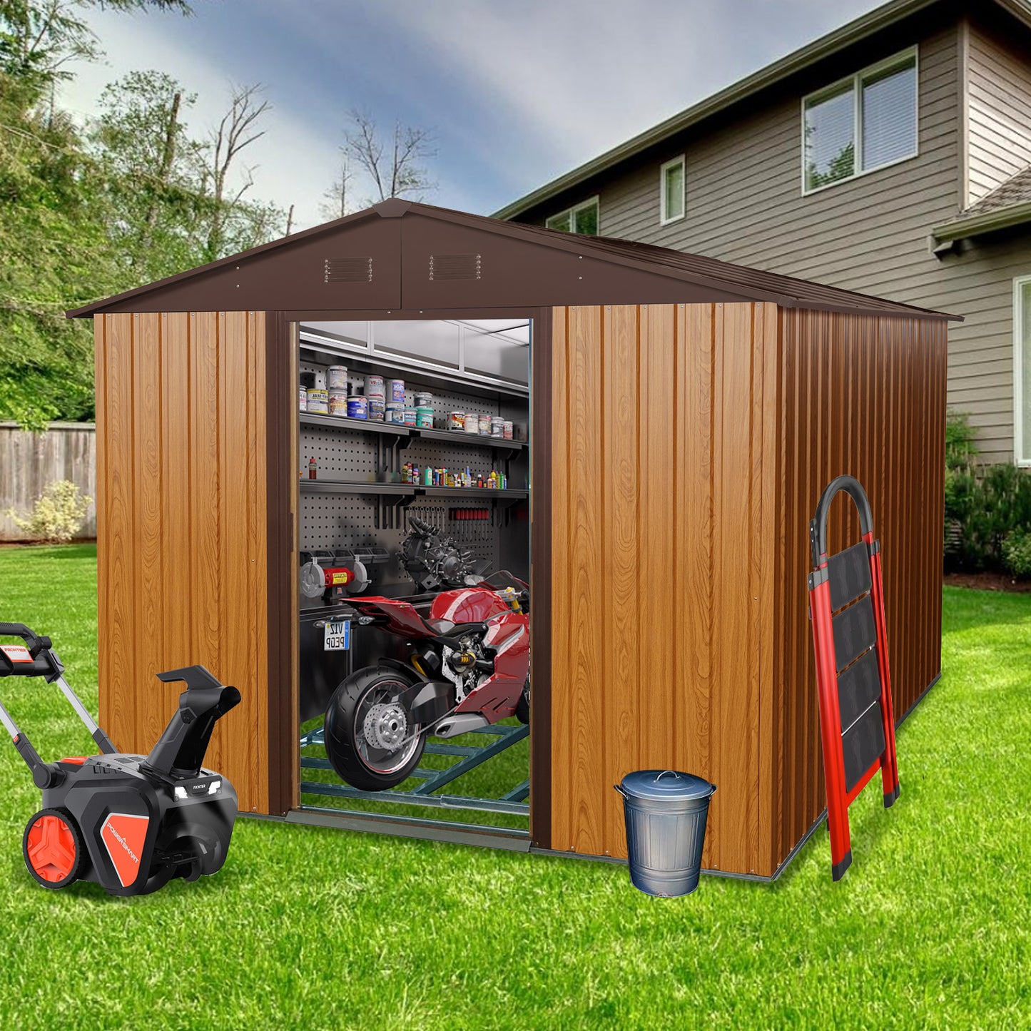 8ft x 10ft Outdoor Metal Storage Shed with Metal Foundation,Coffee