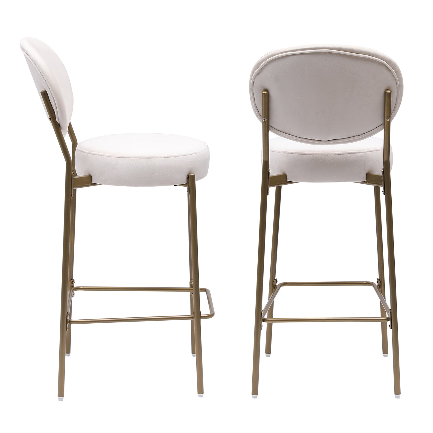 29'' Upholstered Bar Stools Velvet Counter Stool with Backrest & Footrest Set of 2 Round Dining Chairs for Kitchen(Creamy White)