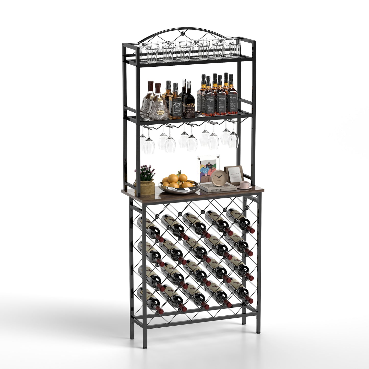 Industrial Wine Rack Bar Table, 3-Tier Liquor Bottle and Glass Holder with Storage Shelves, Metal and Wood Wine Organizer for Home Kitchen, Dining Room, and Living Room