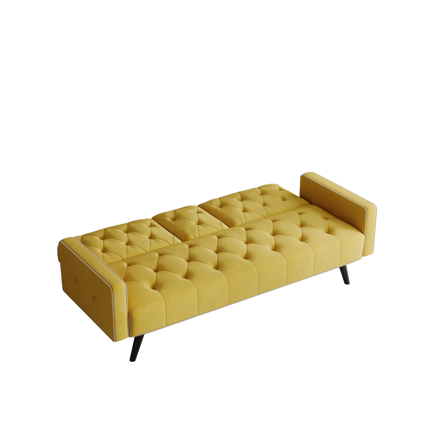 Compact Yellow Velvet Sofa Bed with Nailhead Trim Armrests & Dual Cup Holders - Perfect for Small Spaces, 72-Inch Length