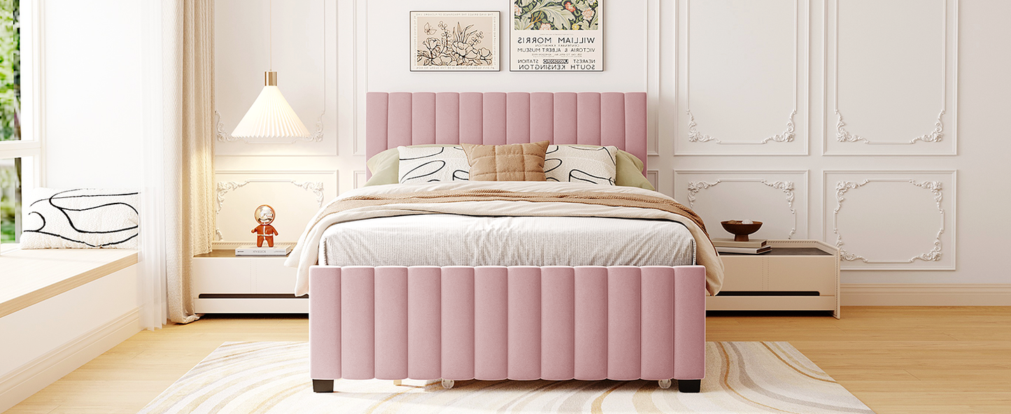 Full Size Velvet Upholstered Platform Bed with Twin Size Trundle, Pink