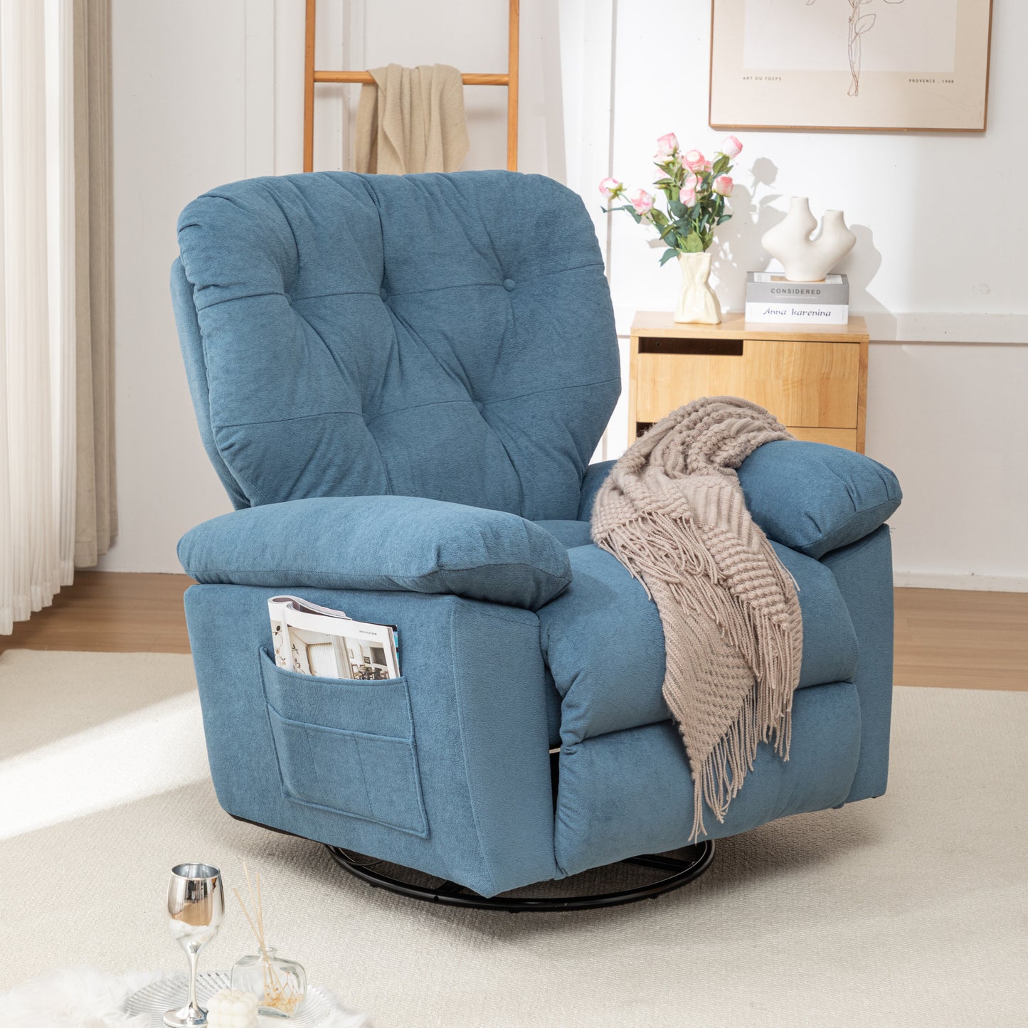 Blue Relaxing Recliner Chair,Soft Artificial Fleece, Overstuffed, Swivel, Glider, Side Pocket