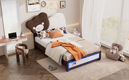 Twin Size Upholstered Platform Bed with Bear Shaped Headboard, LED Light Strips, White + Brown