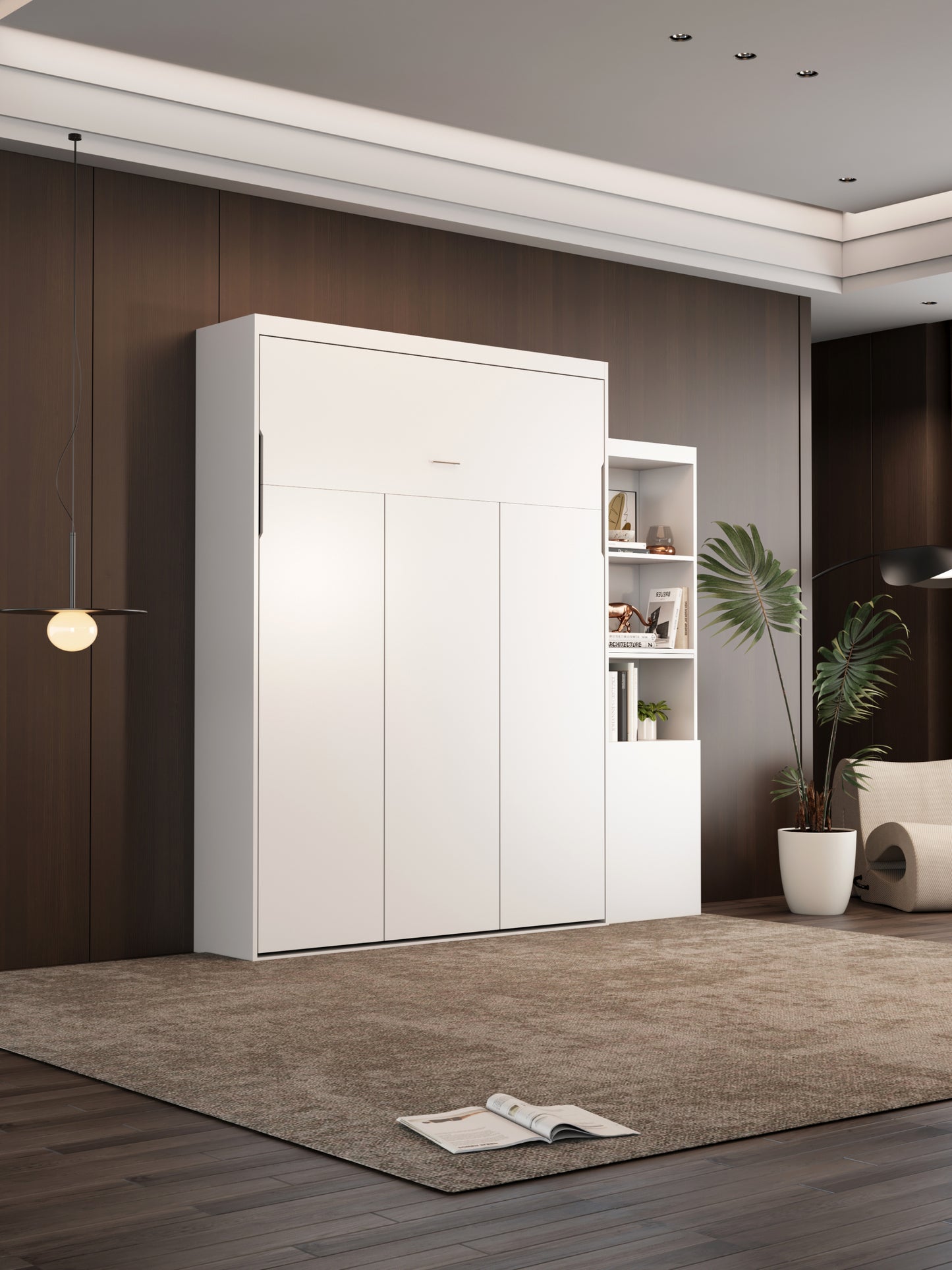 Queen  Size Morden Deisgn Big Size Vertical Murphy Bed with table and shelf  for Bedroom or Guestroom White Wall Bed Space Saving Hidden Bed with New Style Gas Struts