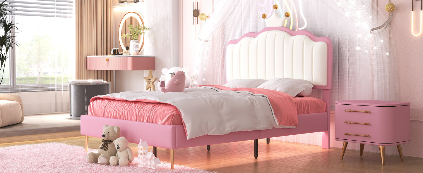 Twin size Upholstered Princess Bed With Crown Headboard, Platform Bed with  with Light Strips,Golden Metal Legs, White+Pink