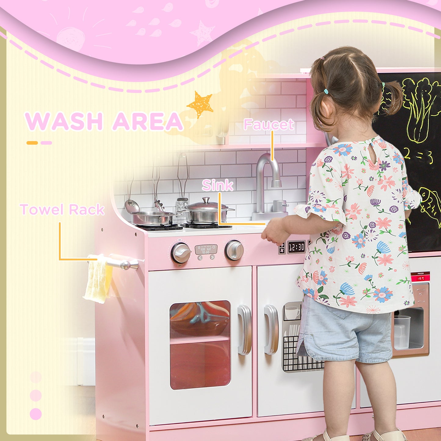 Qaba Play Kitchen, Kids Kitchen Playset Pretend Play Toy Kitchen with Play Phone, Chalkboard, Towel Rack, Ice Maker, 5 Accessories, Storage Space, Microwave & Sink, Gift for 3-8 Years, Pink