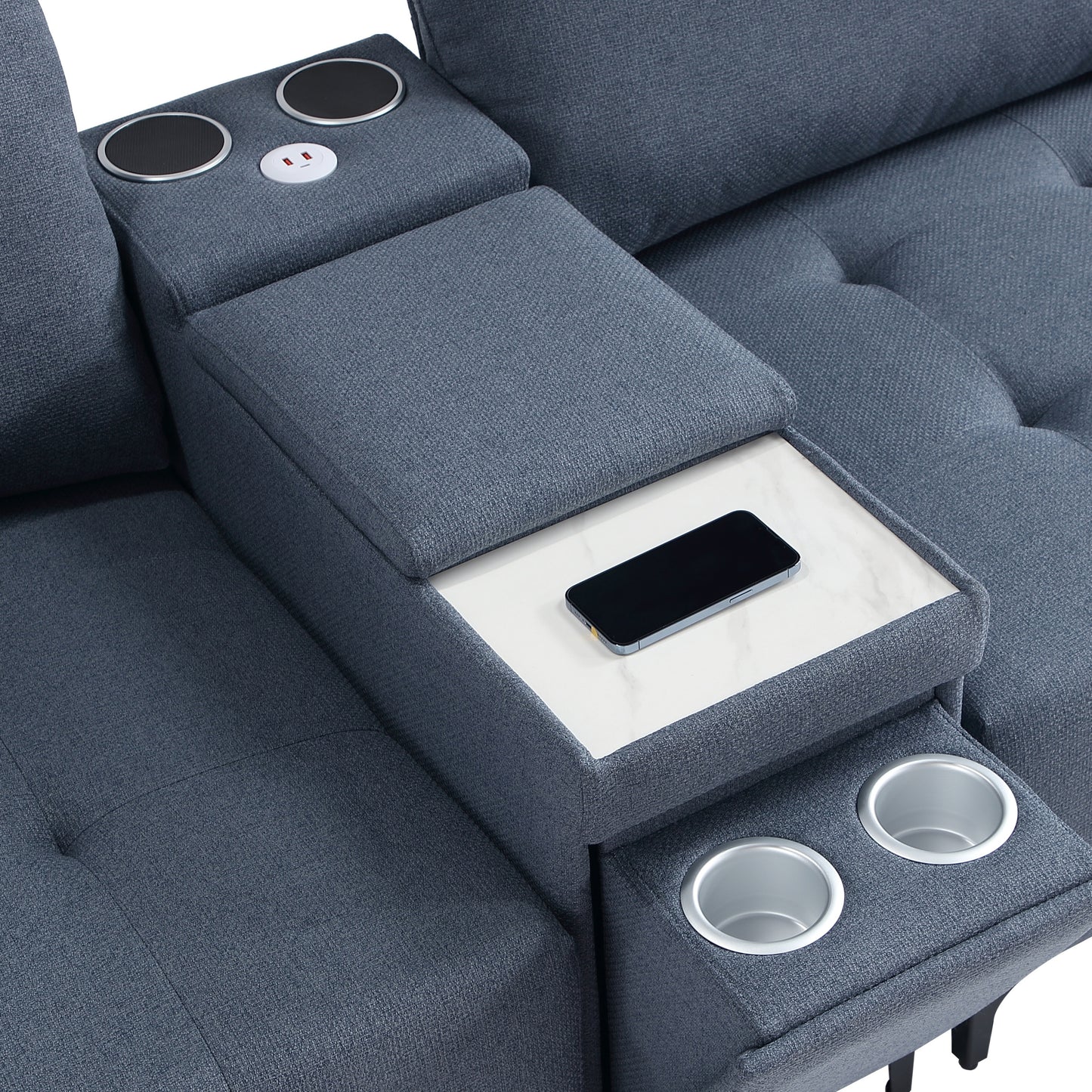 Modular Sectional Sofa,Multifunctional Couches for Living Room with Storage, mid console with speaker and storage,2 USB port and 1 type-C ,wireless charging ceramic top,aluminum cup holder.