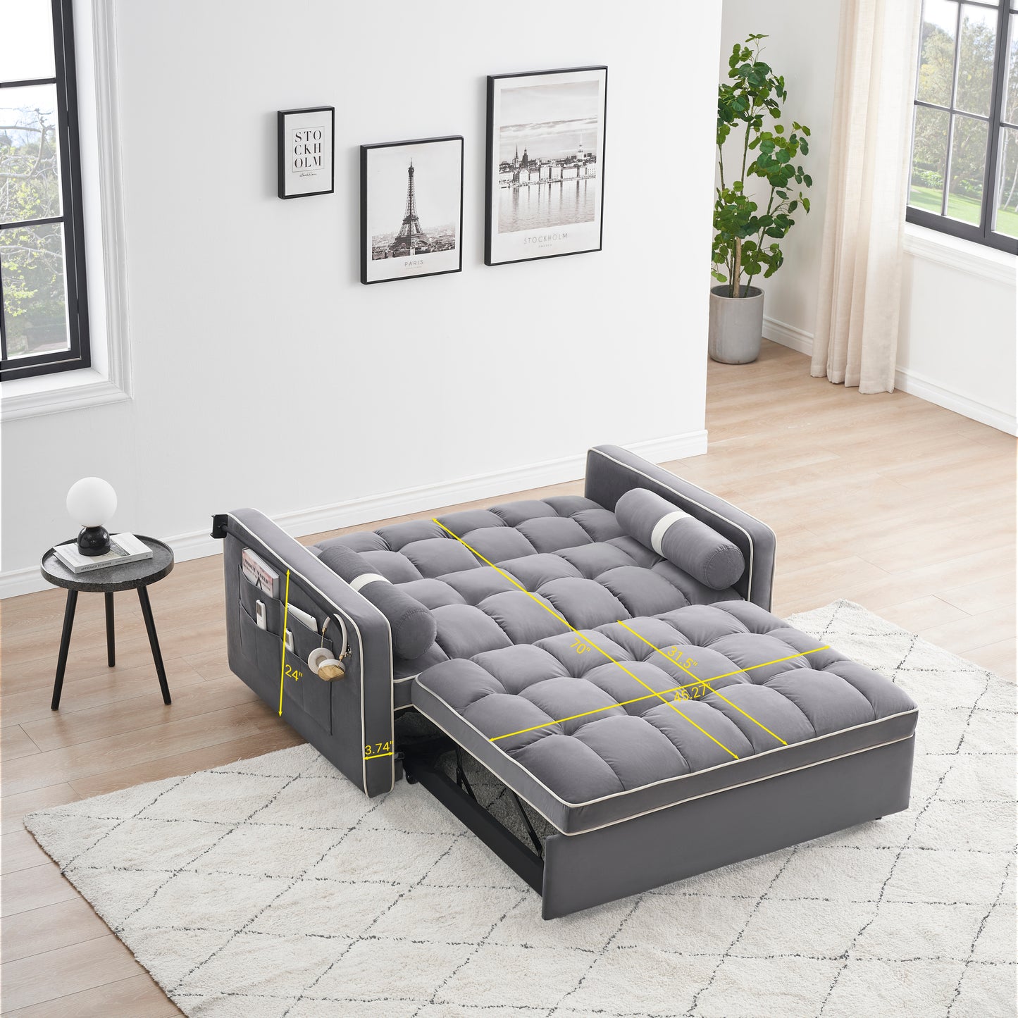 Sleeper Sofa Couch w/Pull Out Bed, 55" Modern Velvet Convertible Sleeper Sofa Bed, Small Love seat Sofa Bed w/Pillows & Side Pockets for Small Space, Living Room, Apartment,Gray