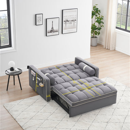 Sleeper Sofa Couch w/Pull Out Bed, 55" Modern Velvet Convertible Sleeper Sofa Bed, Small Love seat Sofa Bed w/Pillows & Side Pockets for Small Space, Living Room, Apartment,Gray