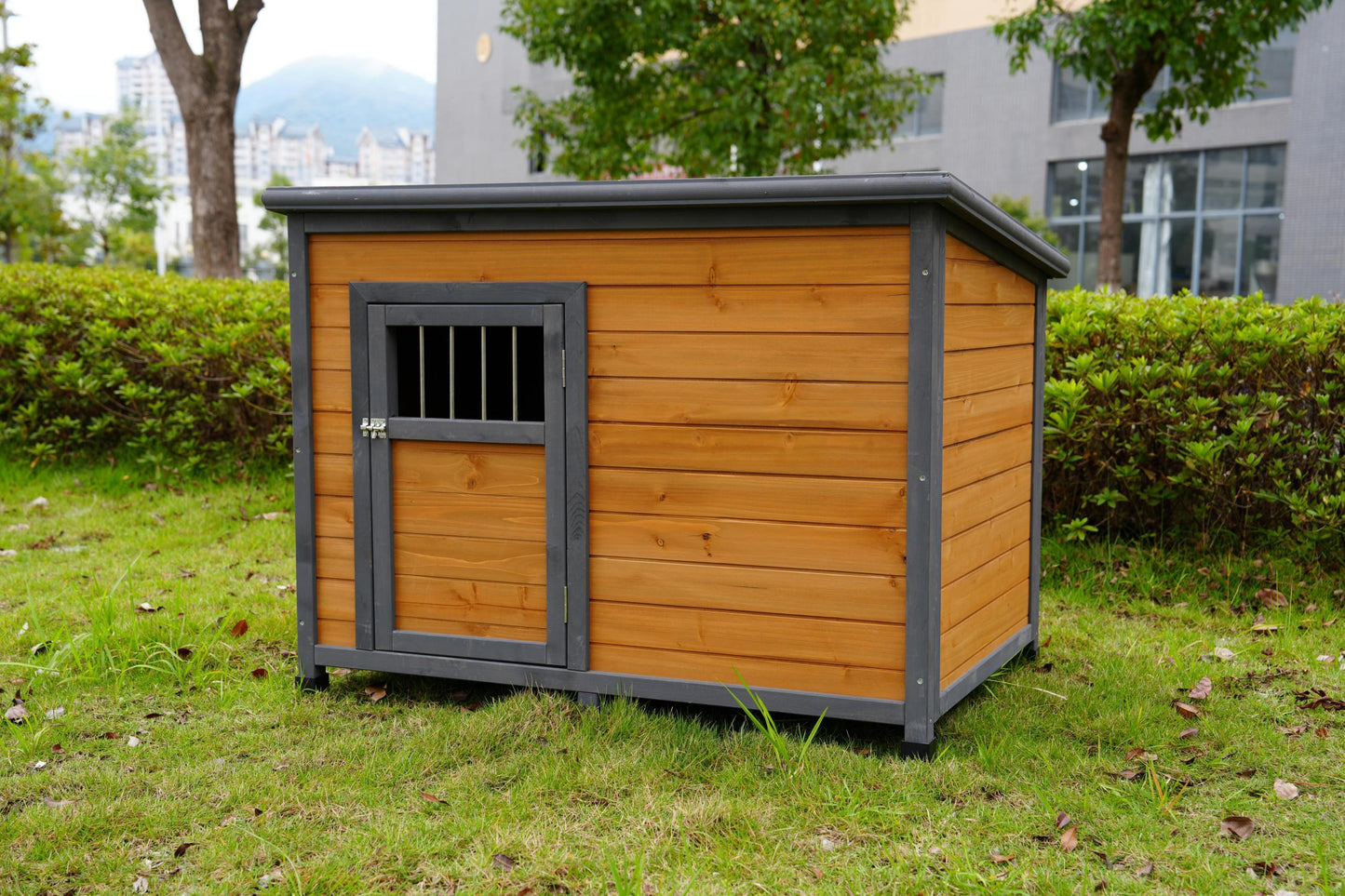 45"large solid wood dog house, waterproof PVC plastic roof, breathable wooden doors