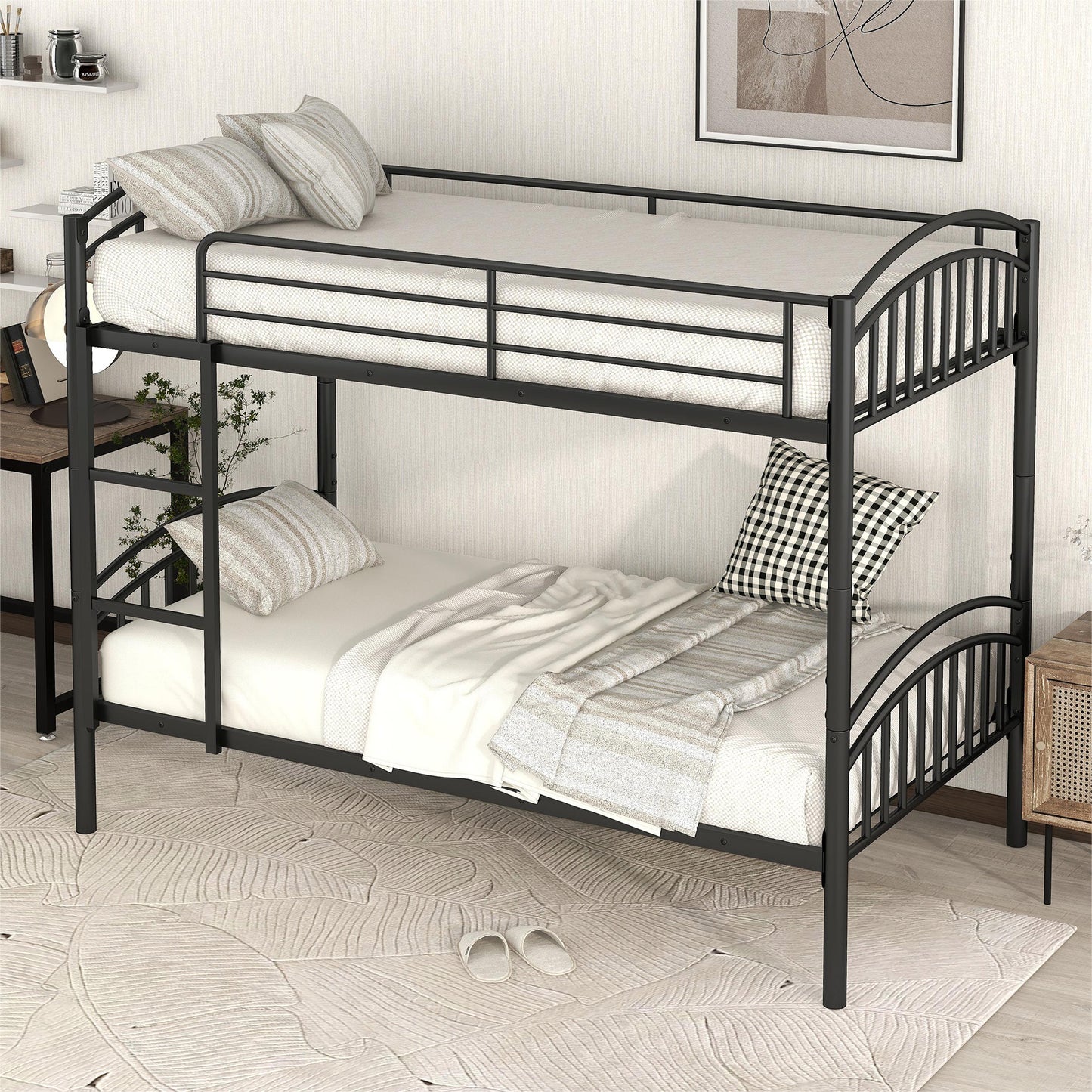 Twin Over Twin Metal Bunk Bed,Divided into Two Beds(Black){OLD SKU:MF280424AAB}