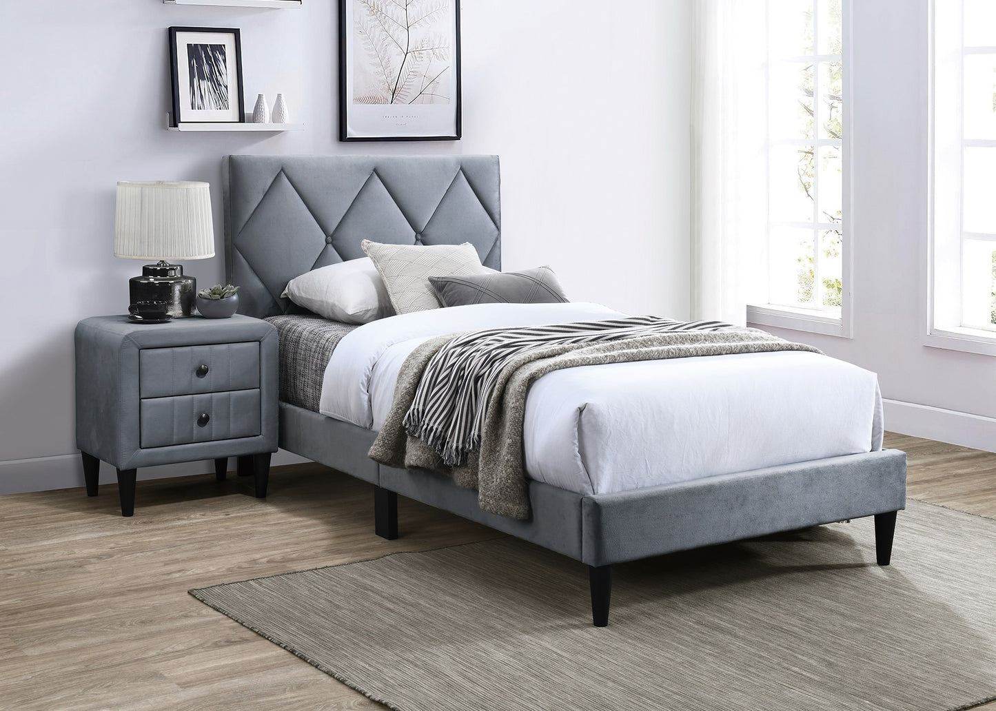 Twin Size Bed w Adjustable Headboard 1pc Bedframe, Grey Velvet Upholstered Youth Bedroom Furniture