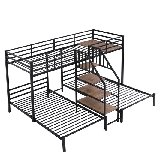 Black Metal Twin over Twin & Twin Bunk Bed with Storage Shelves and Staircase, 3-Deck Design, Metal & MDF Construction