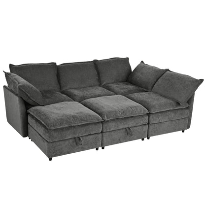 Mirod 126'' Versatile 6-Piece Modular Sofa Bed with Storage,Stylish Faux Double-Layer Cushions,Comfortable & Durable Design,Perfect for Any Living Space