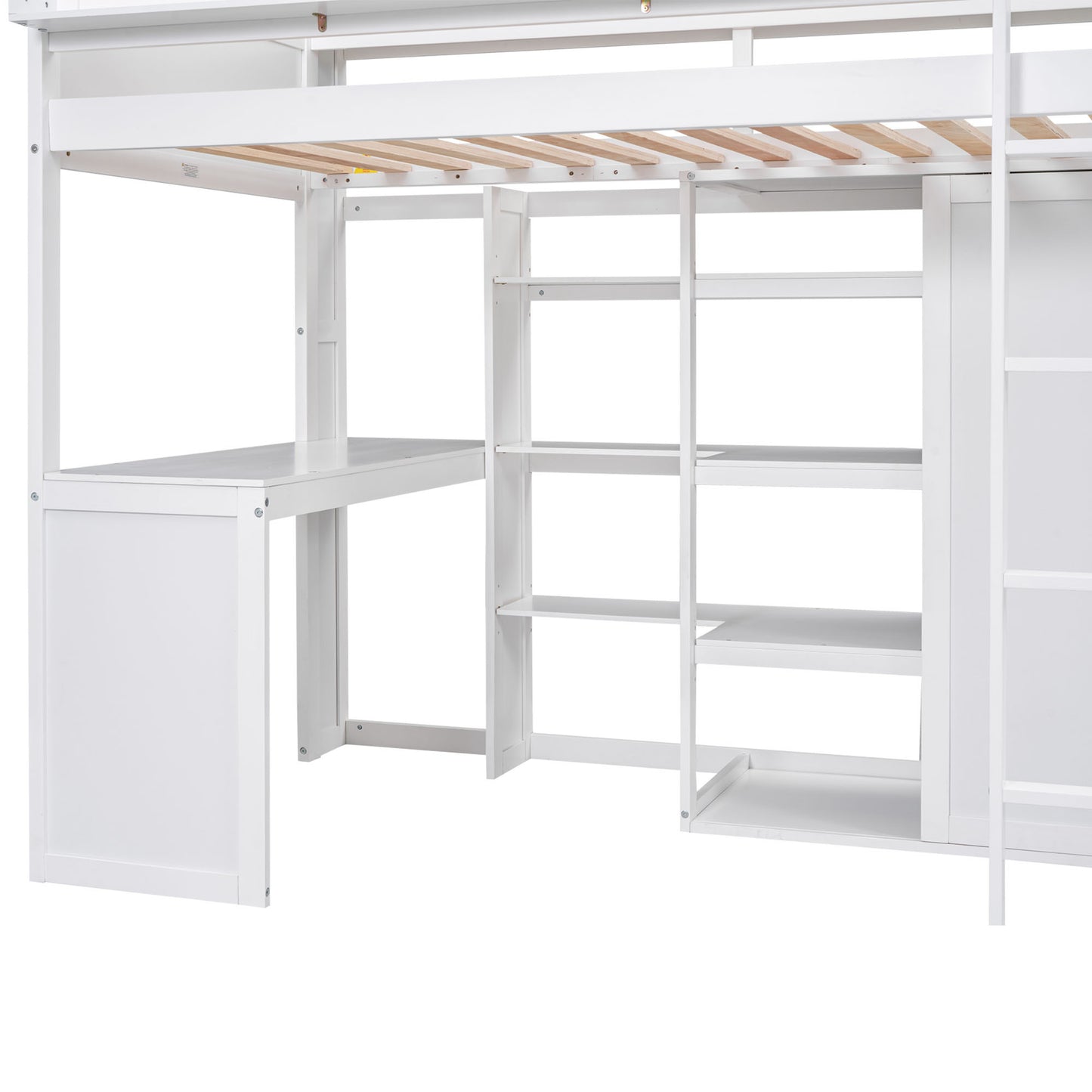 White Wood Twin Size Loft Bed with Built-in Desk, Storage Shelves, and Wardrobe - Solid Wood + MDF