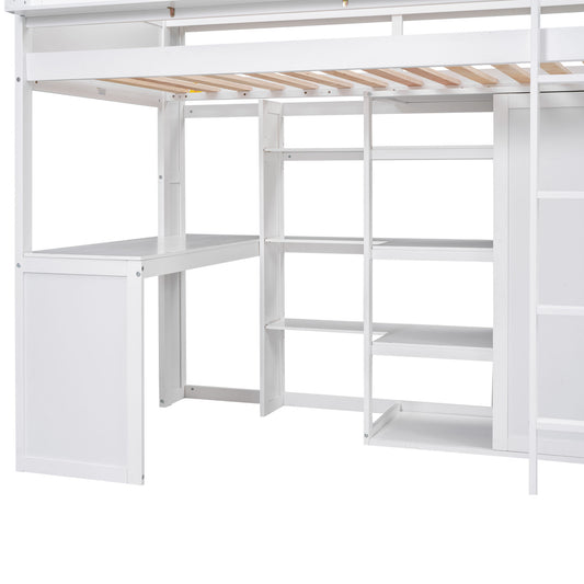 White Wood Twin Size Loft Bed with Built-in Desk, Storage Shelves, and Wardrobe - Solid Wood + MDF