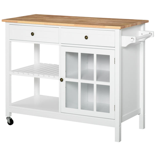 HOMCOM Rolling Kitchen Island with Storage, Kitchen Cart with Solid Wood Top, Glass Door Cabinet, Adjustable Shelf, Towel Rack, 2 Drawers for Dining Room, White