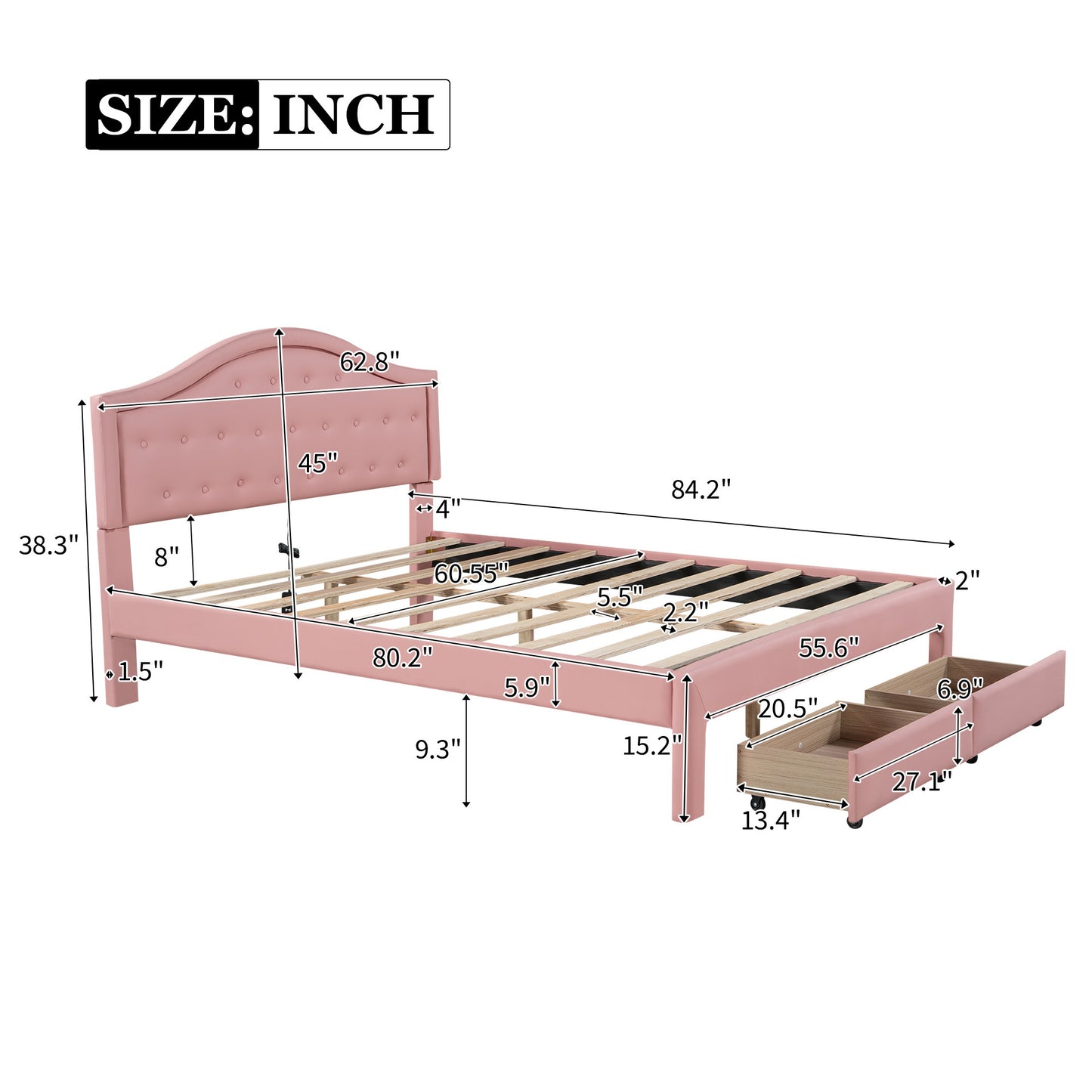 Queen Size Upholstered Platform Bed with Tufted Headboard, LED and 2 Drawers, Pink