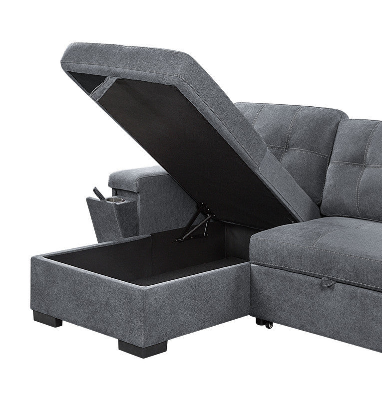 Toby 95" Gray Woven Fabric Reversible Sleeper Sectional Sofa with Storage Chaise Cup Holder Charging Ports and Pockets