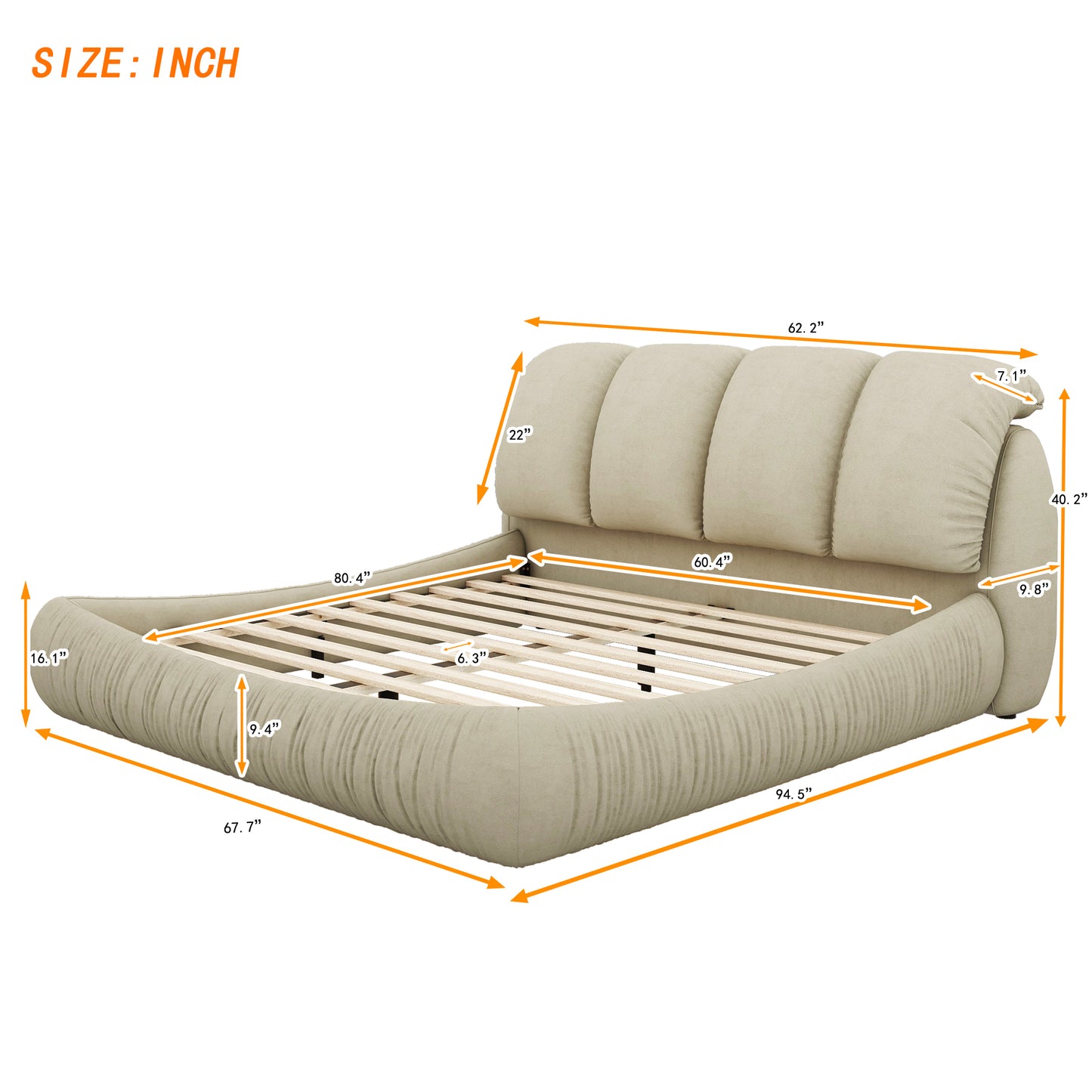 Queen Size Luxury Upholstered Bed With Thick Headboard, Vevet Queen Bed with Oversized Padded Backrest, Cinerous(Expect Arrive date 2024/4/7)