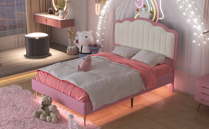 Twin size Upholstered Princess Bed With Crown Headboard, Platform Bed with  with Light Strips,Golden Metal Legs, White+Pink