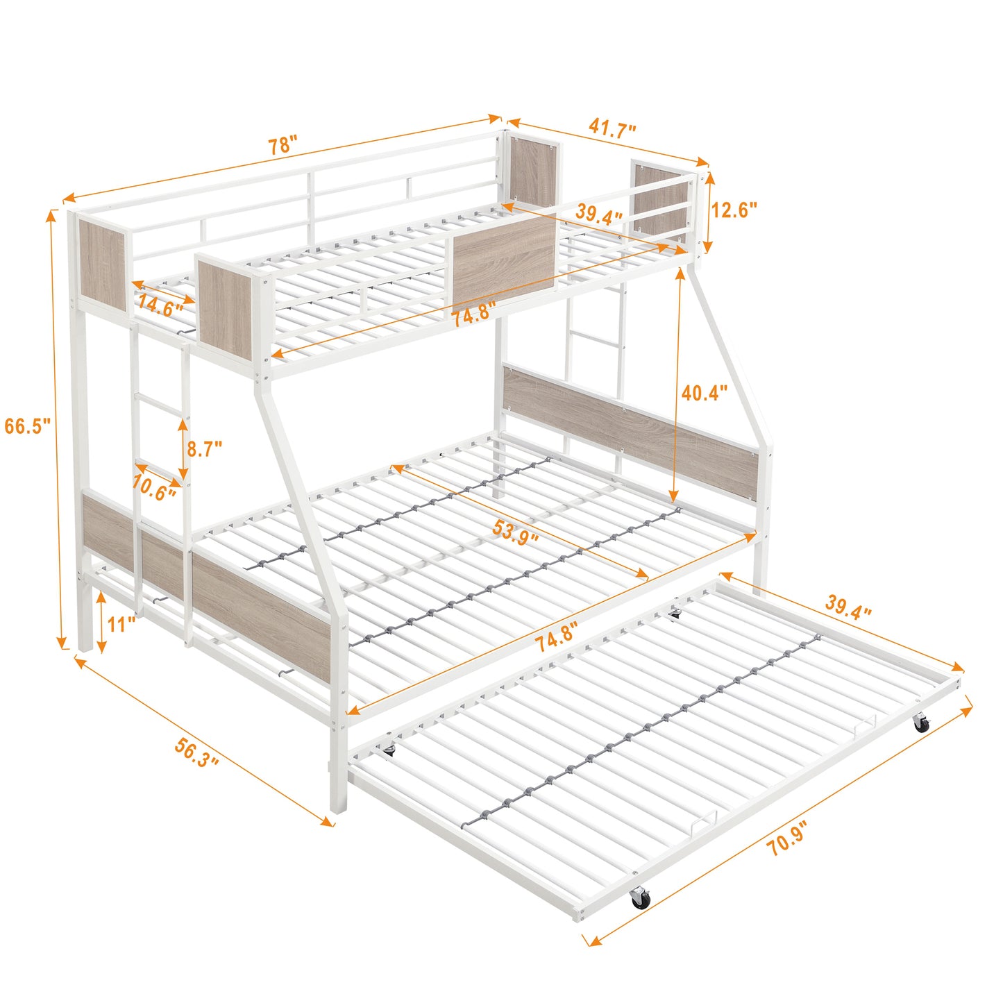 Twin Over FULL Metal Bunk Bed with Trundle 2 - Side Ladder and Full-Length Guardrail, No Box Spring Needed, Large Under Bed Storage, Easy Assemble