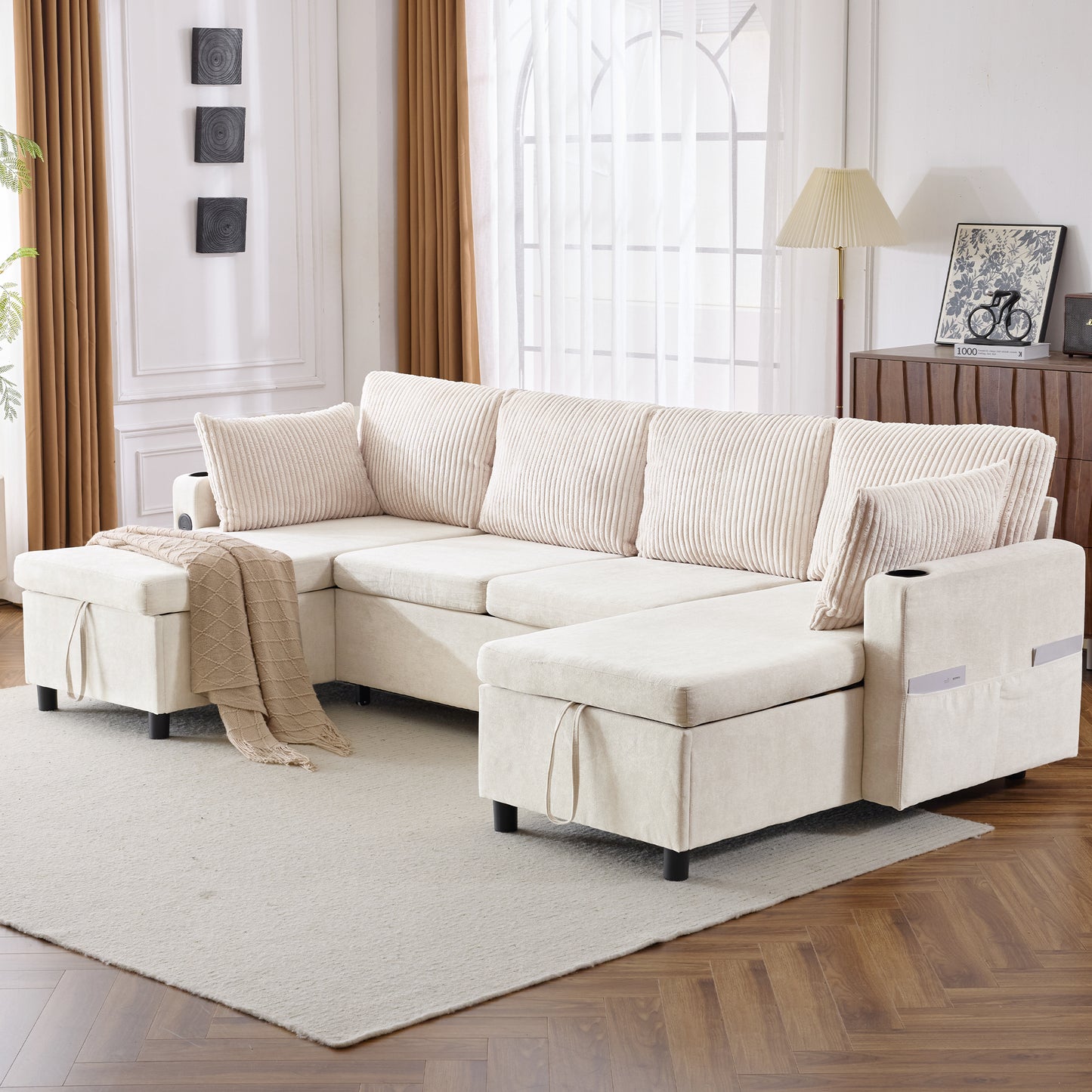 111.8" Sectional Sofa Pull-out Sofa Bed Versatile Sofa Sleeper with Large Storage Space, Two USB Ports and Two Cup Holders for Living Room, Beige