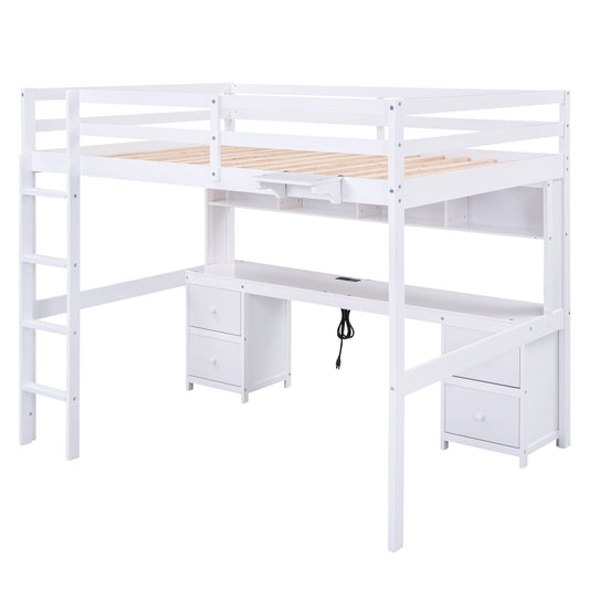 White Full Size Loft Bed with Built-in Desk, Storage Cabinets, Drawers, Charging Station, and Bedside Tray, Pine Wood + MDF