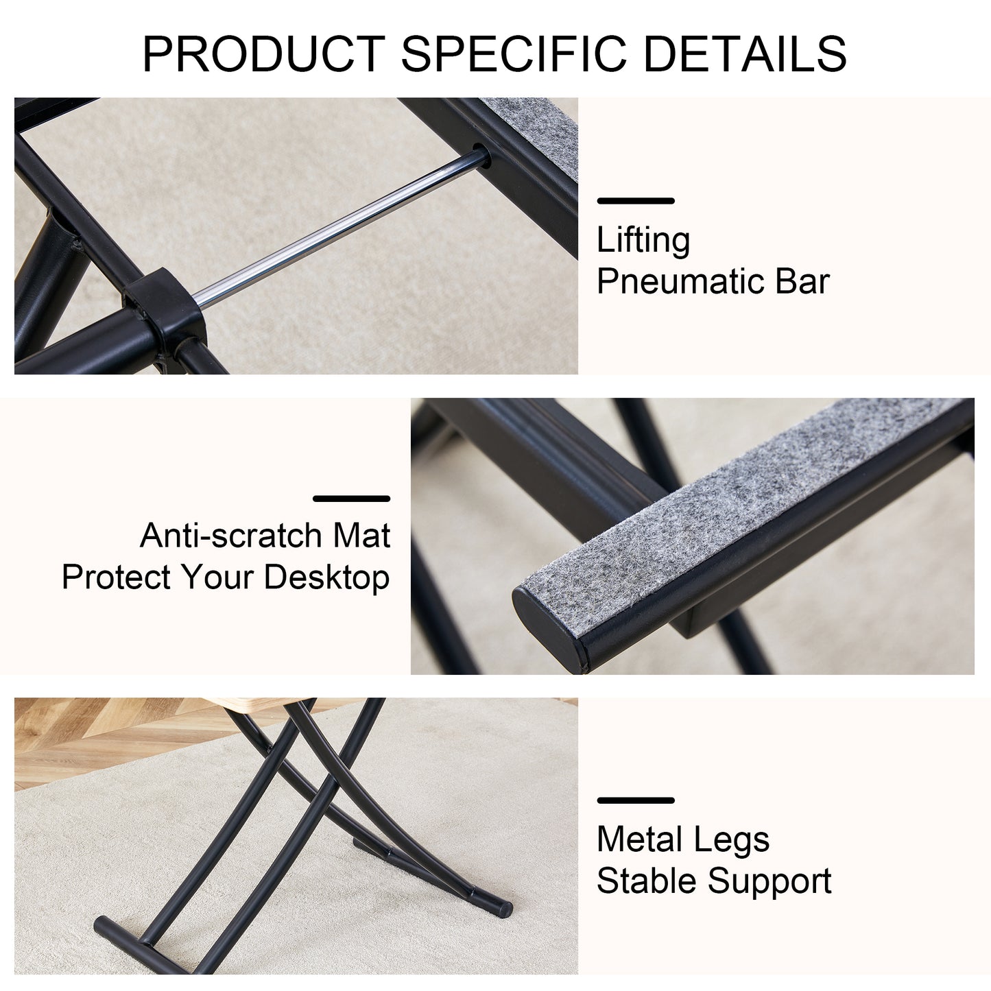 Modern minimalist multifunctional lift table with 0.8-inch MFC tabletop and black metal legs, can be used as dressing table, coffee table, dining table, and office desk.  LT-10055