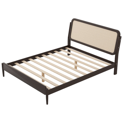 Queen Size Wood Storage Platform Bed with LED Light, Rattan Headboard, Espresso