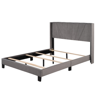 Queen Size Velvet Upholstered Platform Bed, Box Spring Needed - Gray