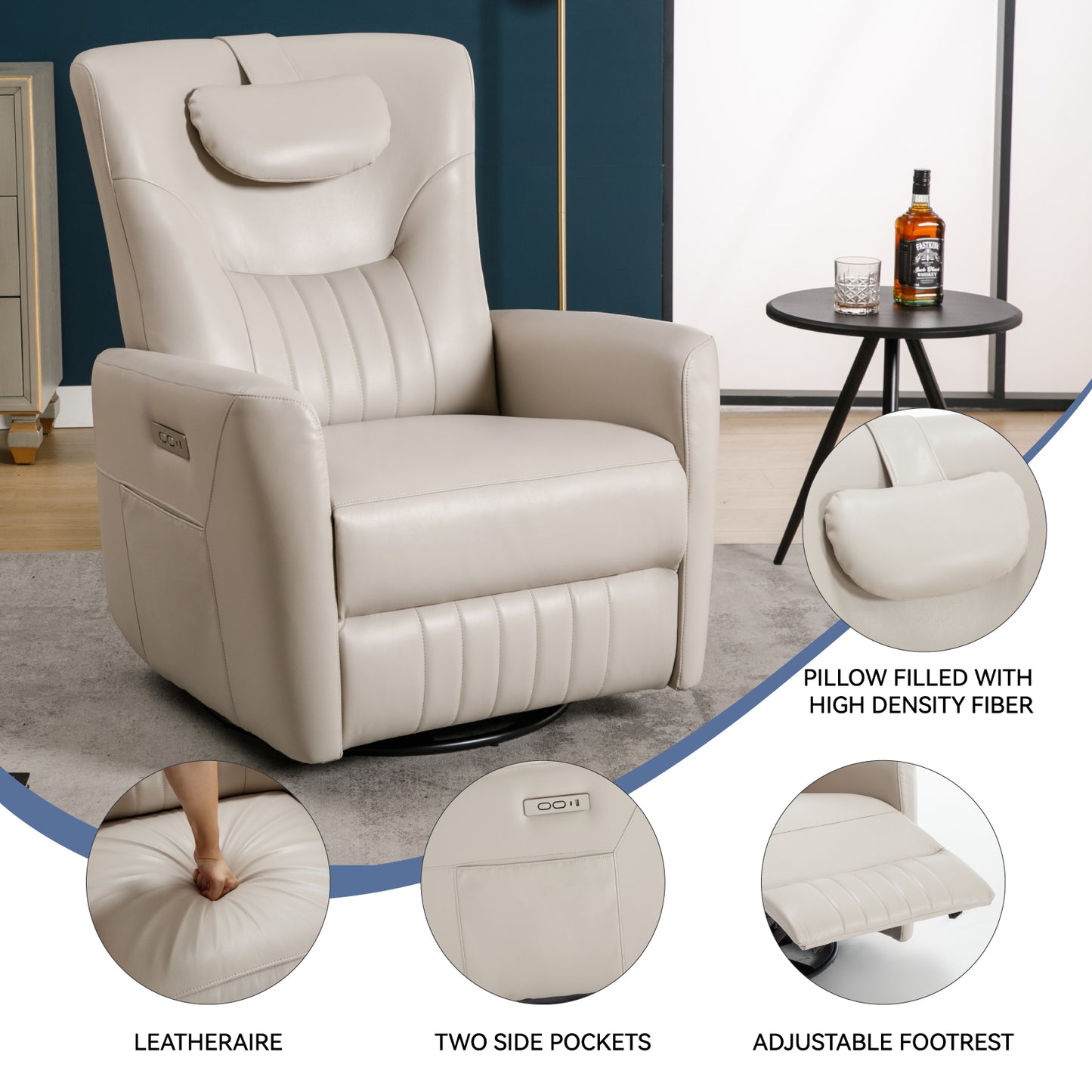 Beige Grey Leatheraire Swivel and Rocker Power Recliner Chair with Lumbar and Neck Support Pillow, Heavy Duty Motion Mechanism with USB and Type-C Ports