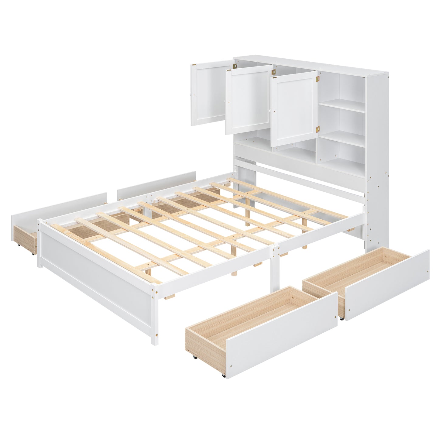 Queen Size Platform Bed with Storage Headboard and 4 Drawers, White