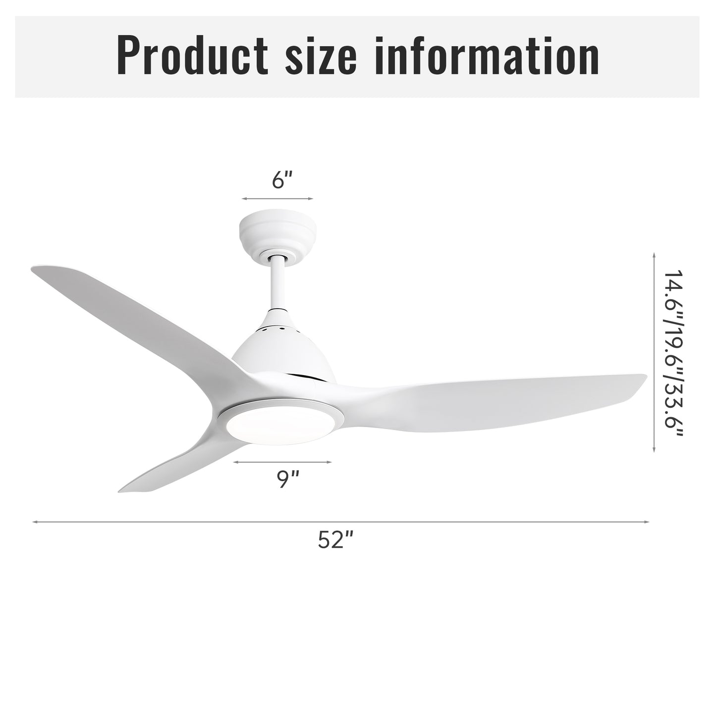 52 Inch Ceiling Fan with Light and 6-speed Remote Control 3 ABS Fan Blades White for Bredoom Patio