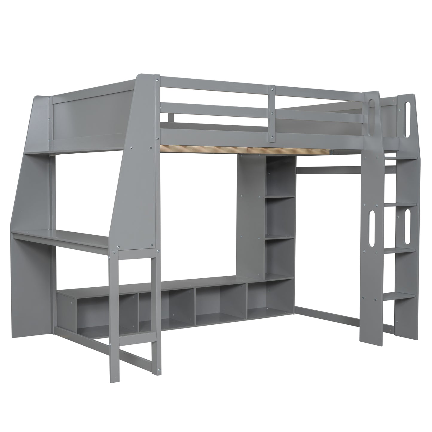 Gray Wood Full Size Gaming Loft Bed with Desk, Multi-storage Shelves, LED Lighting, and Hanging Clothes Rack