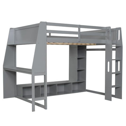 Gray Wood Full Size Gaming Loft Bed with Desk, Multi-storage Shelves, LED Lighting, and Hanging Clothes Rack