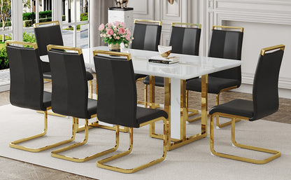 Table and chair set.67"x36" White marble pattern MDF Dining Table Set with 8 Black PU Chairs.MDF sticker,White marble pattern sticker,Gold C-tube chair legs,Suitable for kitchen,Dining room,etc.