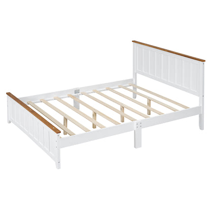 Queen Size Wood Platform Bed Wooden Slat Support, Vintage Simple Bed Frame with Rectangular Headboard and Footboard, White