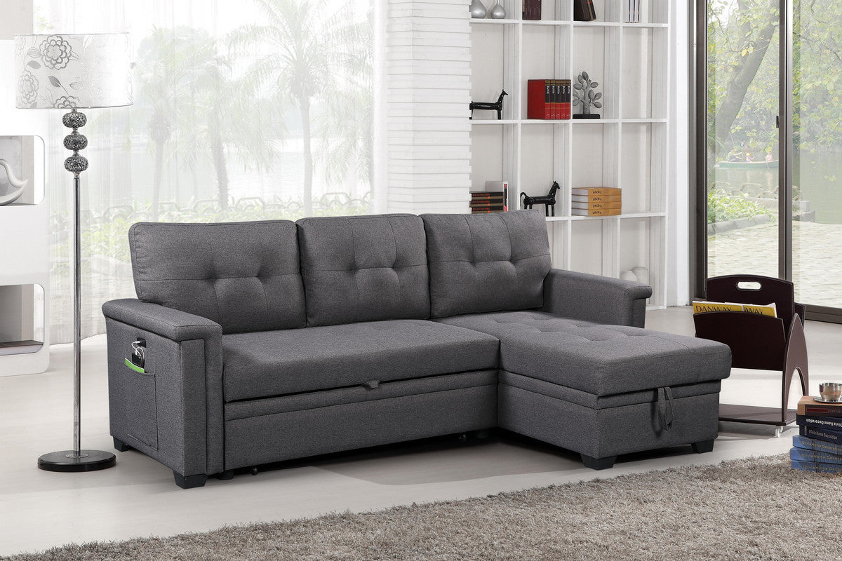 Ashlyn 84" Dark Gray Reversible Sleeper Sectional Sofa with Storage Chaise, USB Charging Ports and Pocket