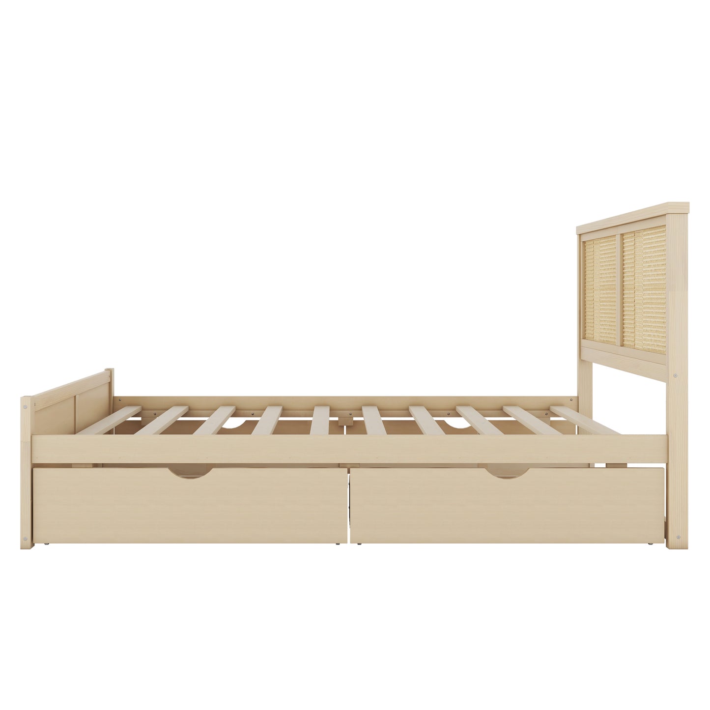 Queen Size Wood Storage Platform Bed with 4 Drawers, Rattan Headboard, Nature