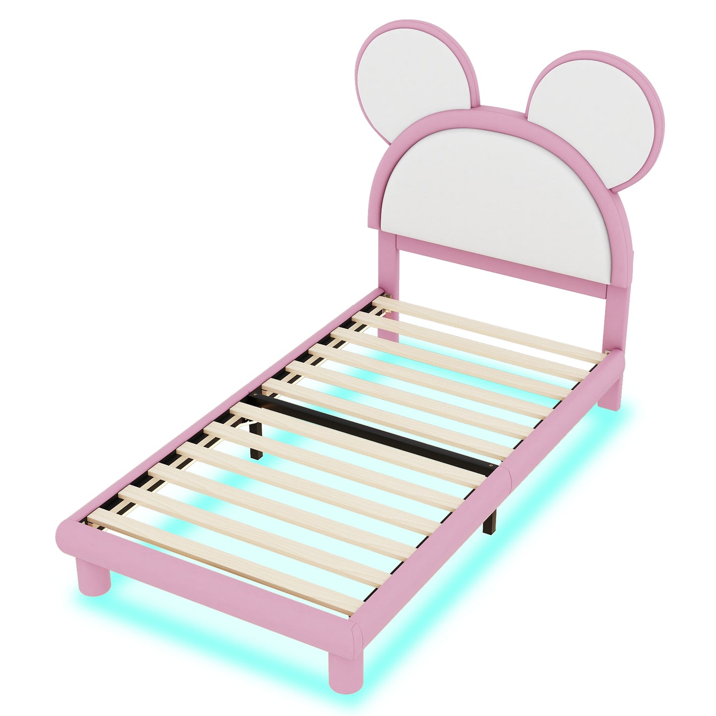 Twin Size Upholstered Platform Bed with Cartoon Ears Shaped Headboard and LED, White&Pink